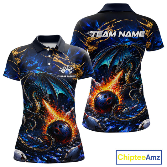 Blue And Gold Dragon Bowling Shirt For Women Custom Fire Flame Polo 1/4-Zip Bowling Team Jersey NYN3644