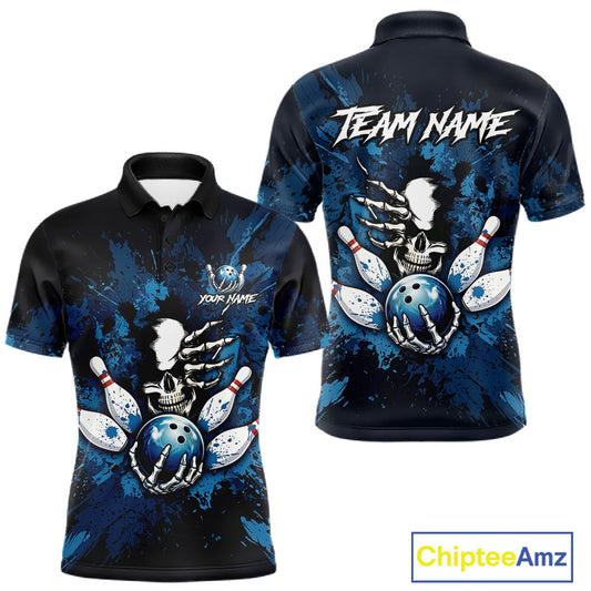 Blue Skelton Torn Bowling Ball & Pin Jerseys For Men Custom Splatter Paint Bowling Team Attire NYN3171