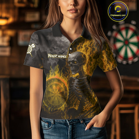 Custom Grey And Yellow Flames Dartboard Skeleton Dart Women Polo Shirt Dart Team Jerseys NYN1630