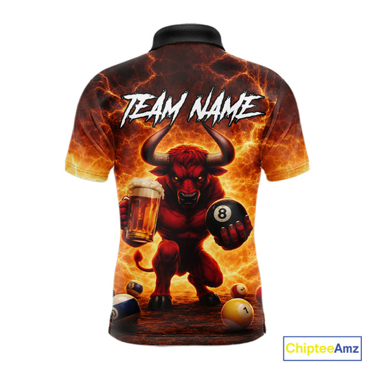 Yellow Lightning Funny Bull Pool 8 Ball Men Billiard Polo & 1/4-Zip Shirt Custom Billiard Attire NYN2606