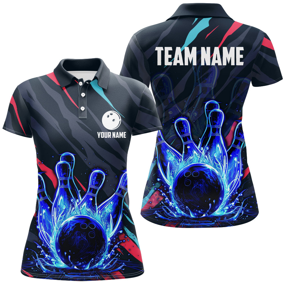 Custom Blue Light Neon Bowling Shirt Women Water Bowling Team Jersey Polo QZT475