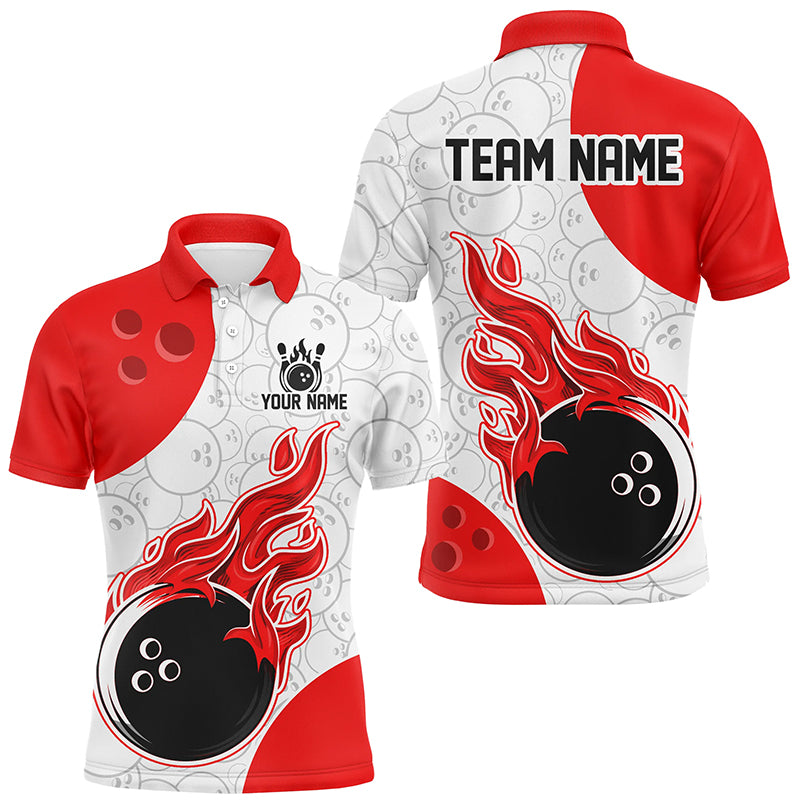 An red and white bowling shirt with a personalized text and logo, featuring a flame graphic design.