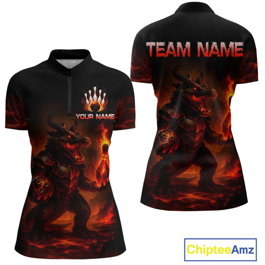 Personalized Red Flame Crocodile Bowling Team Shirt for Women Polo & Quarter-Zip Bowling Outfit QZT742