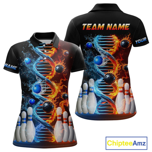 A custom-designed bowling shirt featuring a DNA strand graphic with flame and water elements, and bowling pins arranged in the lower part of the shirt.