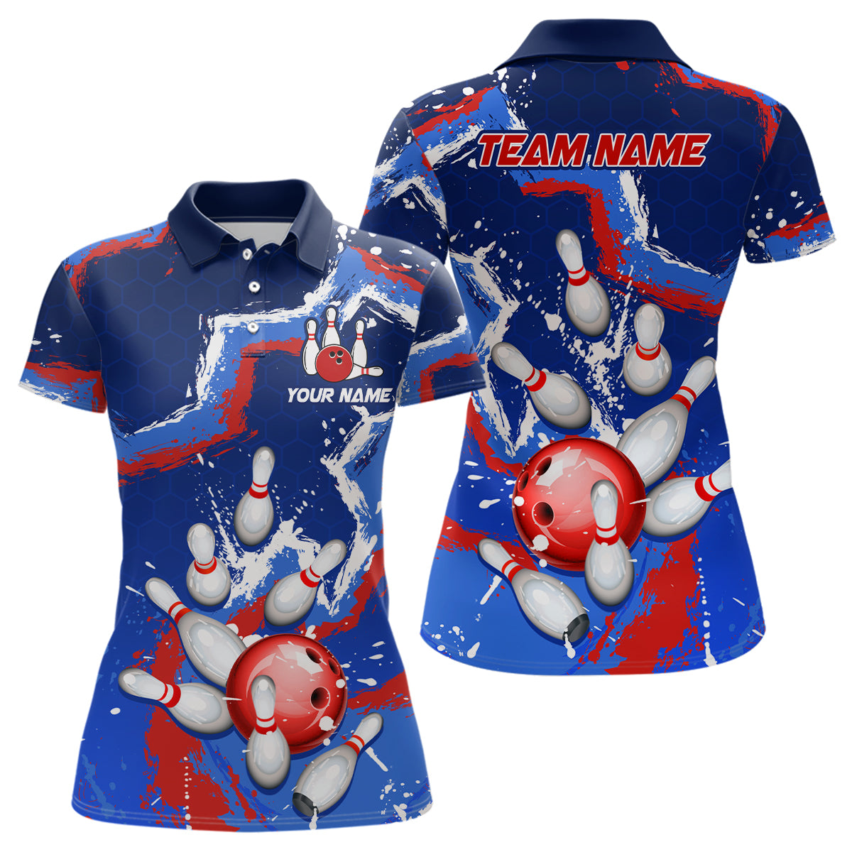 Personalized Blue Red White Bowling Team Shirts for Women Polo Bowling Jersey QZT492