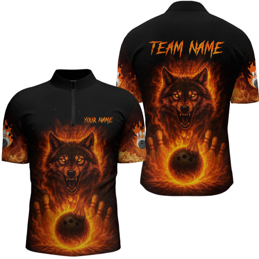 Orange Flame Wolf Bowling Shirt for Men Custom Bowling Jersey League Polo & Quarter-Zip QZT741