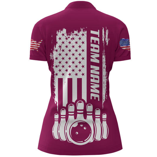 Women's Bowling Shirt Pink 1/4-Zip Bowling Shirt Patriotic Bowling Shirt QZT281