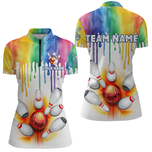 Rainbow Bowling Shirt for Men Women Personalized Quarter-Zip Bowling Jersey Bowling Outfit QZT680