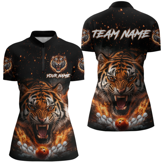 Custom Flame Tiger Bowling Shirt Orange Quarter Zip Bowling Jersey for Men and Women Gifts QZT639