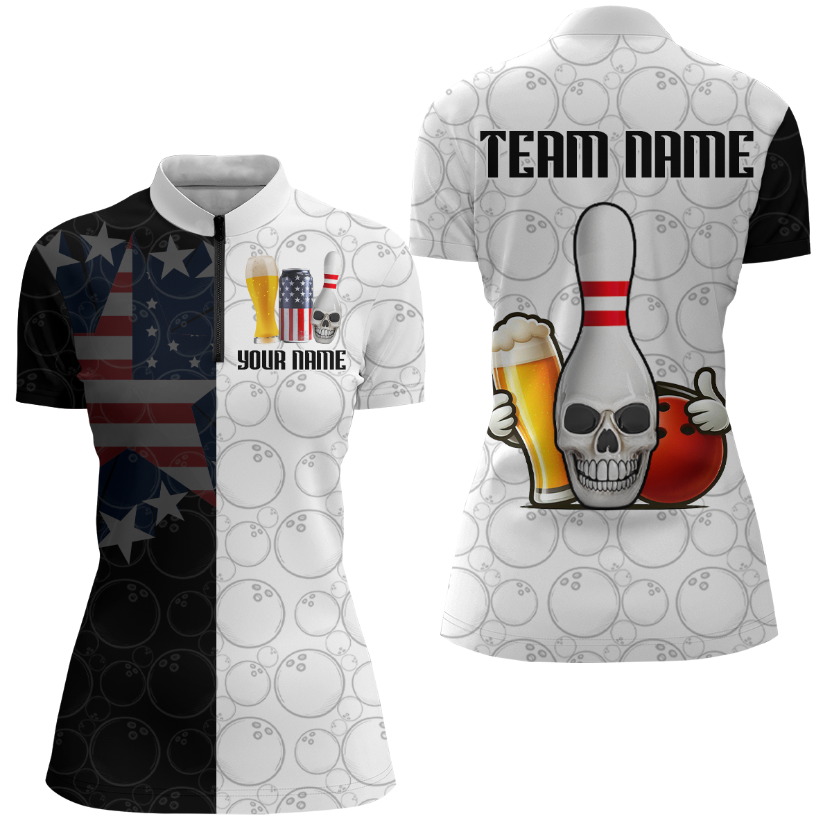Custom Beer Bowling Shirts for Women Skull Quarter Zip Bowling Team Shirt QZT453