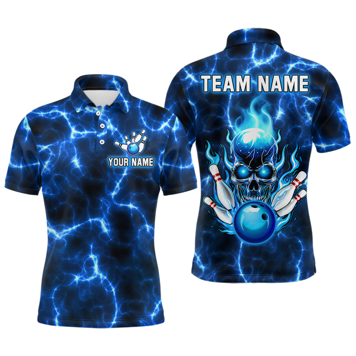 Skull Bowling Shirt For Men Women Custom Polo Bowling Team Jersey Lightning Blue BDT494