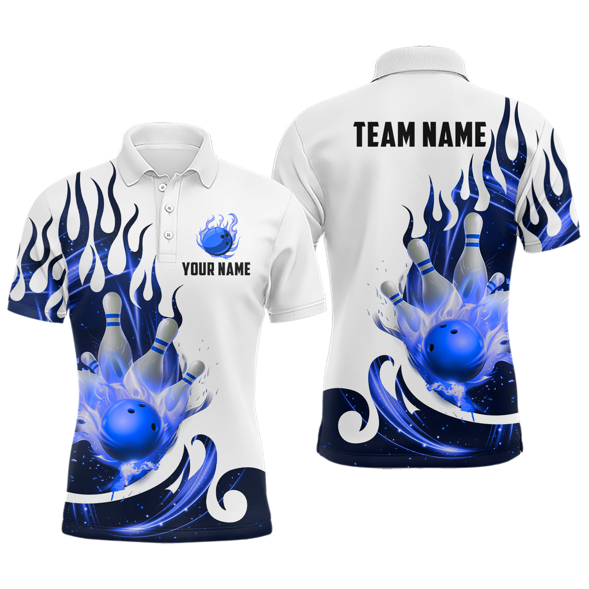 White&Blue Bowling Shirts For Men & Women Custom Flame Bowling Team Jersey Polo BDT537