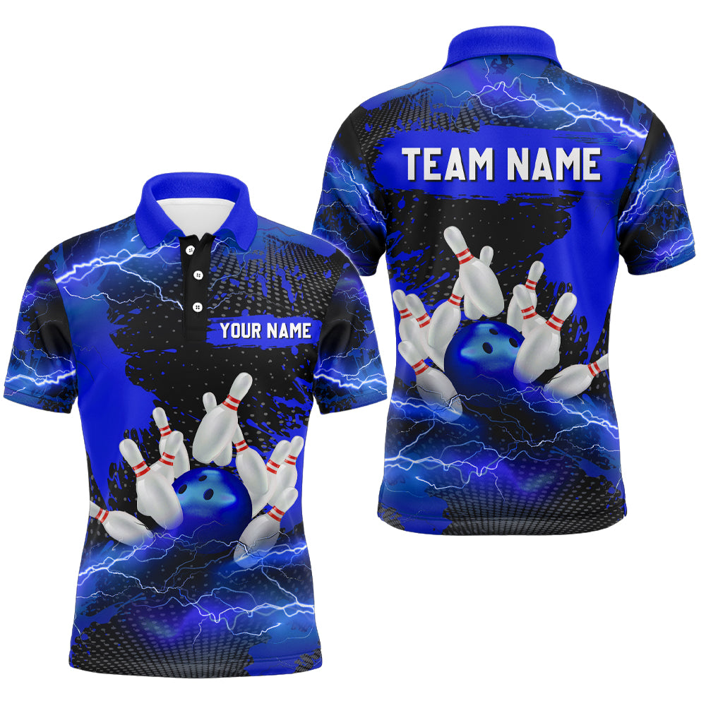 Custom Blue Bowling Polo Shirts Men & Women Lightning Thunder Bowling Team Jerseys BDT455