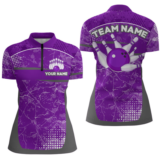 Custom Purple Bowling Shirt For Men & Women Camo Bowling Team Jersey 1/4 Zip Bowling Shirts BDT582