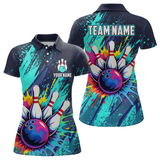 Custom Teal Bowling Shirt for Women Men Bowling Water Color Bowling Polo & 1/4 Zip Shirts MBL37