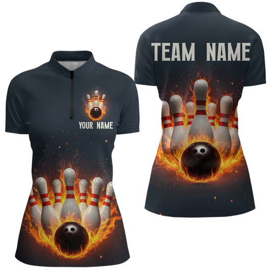 Custom Flaming Bowling Shirt for Men Women Fire Bowling Polo Shirts & Quarter Zip MBL83
