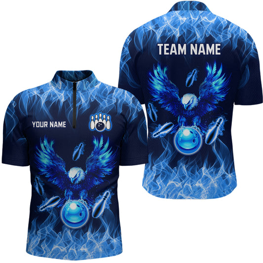 Blue Flame Eagle Custom Bowling Team Shirts For Men Fire Bowling League Polo & 1/4 Zip Shirt HNT09