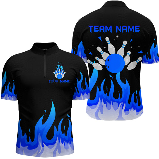 Custom Blue Flame Bowling Shirts for Men Polo & Quarter-Zip Bowling Team Jerseys HNT82
