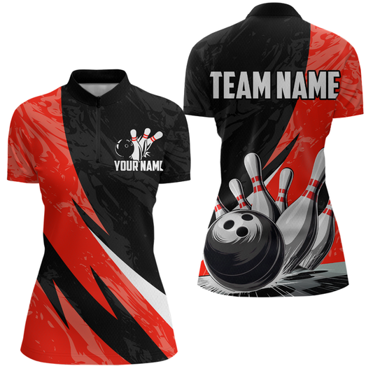Custom Red Bowling Custom Women Bowling Shirt Polo & Quarter-Zip Bowling Team Jerseys HNT75