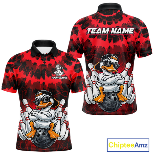 Custom Red Funny Duck Bowling Jersey for Men Bowling Uniform Polo & 1/4 Zip Bowling Team Shirts HNT238