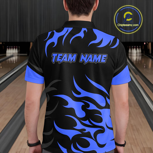 Black and Blue Flame Bowling shirts for Men Custom team bowling jerseys, mens bowling apparel NQS10267