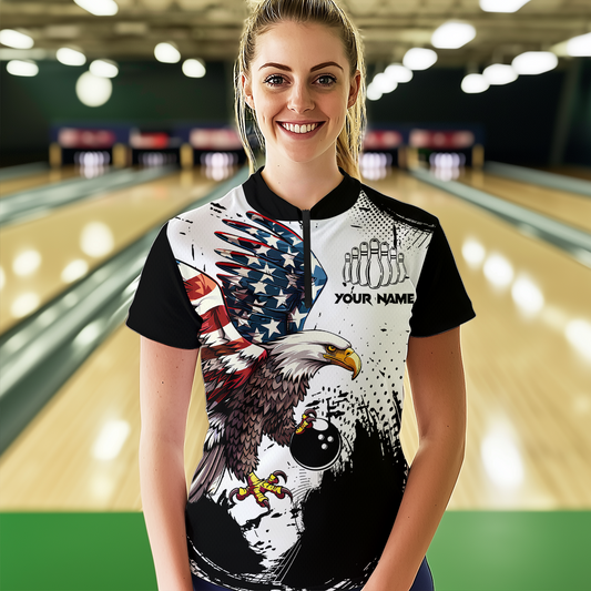Personalized Eagle Bowling Shirts Patriotic Bowling Jersey for Women 1/4 Zip Shirt QZT307