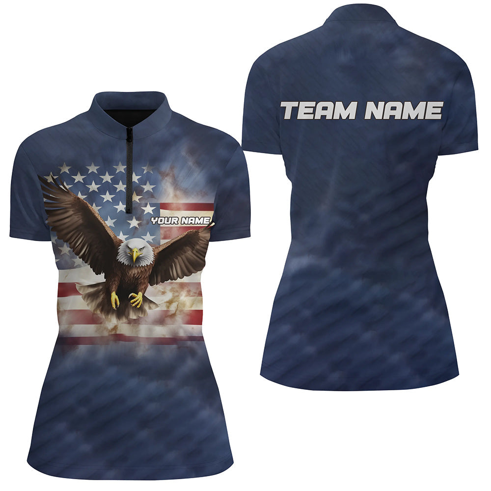 Eagle American Flag Custom Womens Bowling Quarter Zip Shirts, Bowling Team Jerseys. IPHW5286