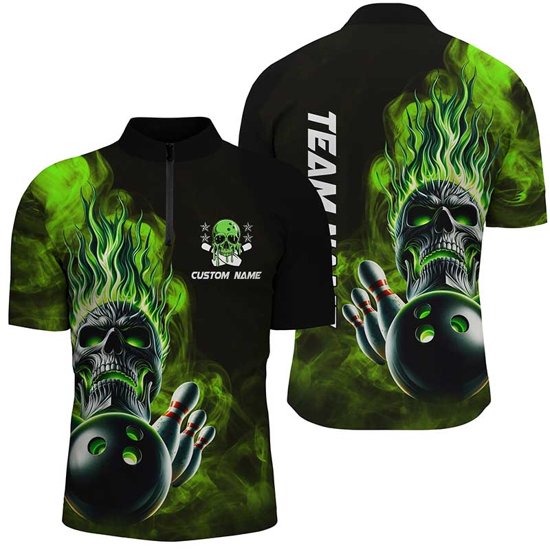 Personalized Green Flame Skull Unisex Bowling Team Shirts, Strike Bowling Jerseys For Men Women IPHW6025