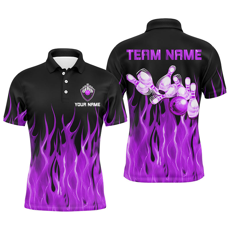 Personalized Men polo Bowling Shirt purple Flame Bowling Ball Pins bowling jerseys for men Bowler NQS7302