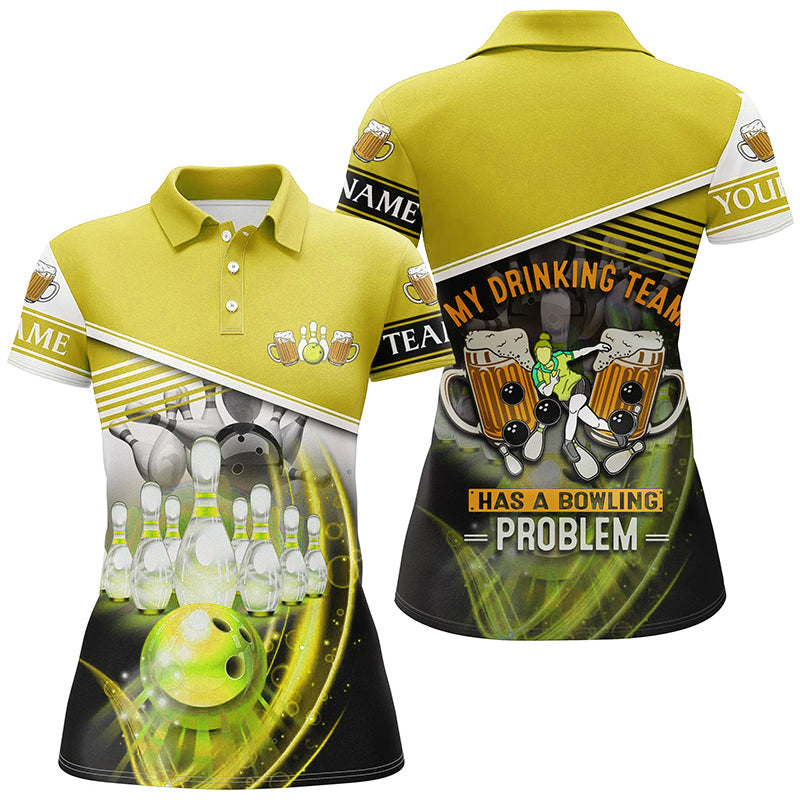 Women bowling polo shirts Custom My drinking team has a bowling problem team league jerseys | Yellow NQS7015