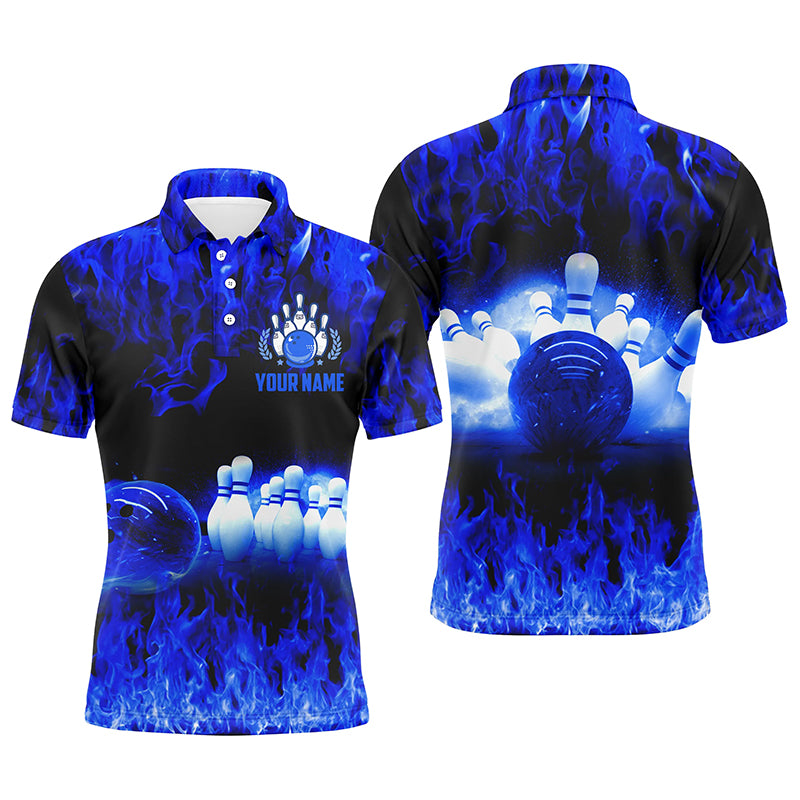 Custom Blue bowling shirt for men – personalized team jersey front view