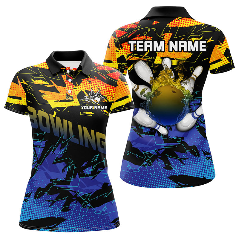 Blue and yellow camo bowling polo shirts for women Custom Team bowling jerseys, gift for bowlers NQS7284