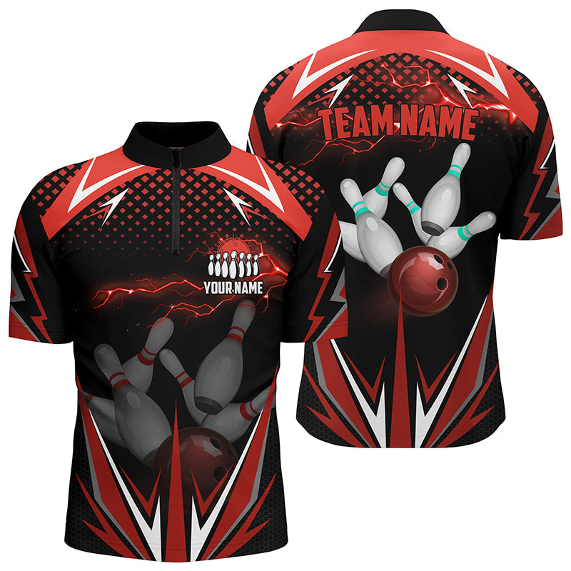 Black Men Bowling Quarter-Zip Shirt Custom red lightning team Mens Bowlers Jerseys bowling outfits NQS6588