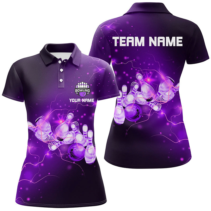 Womens Bowling Polo Shirt Custom Purple flashes of lightning thunder bowling team Ladies bowler Jersey NQS7045