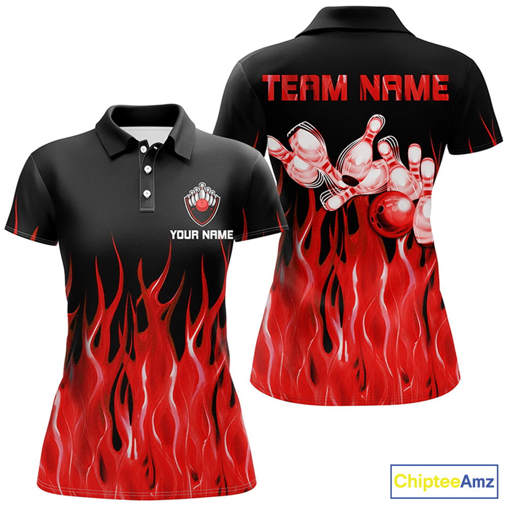 Red flame Womens bowling polo shirt black Bowling Jerseys Personalized Bowling Team Shirts NQS7052