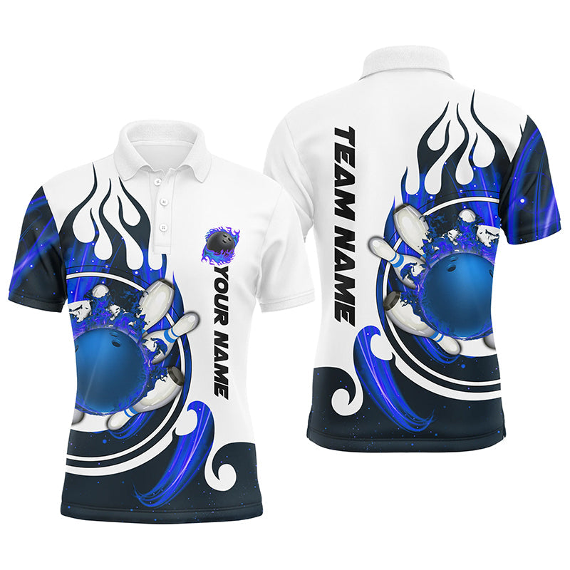 White Bowling polo Shirt for men Custom blue flame bowling ball and pins Jerseys NQS7166