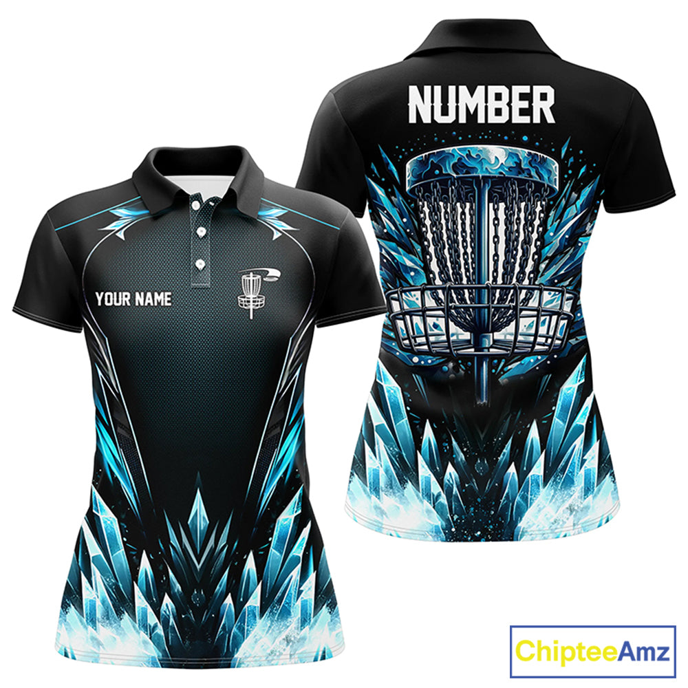 Icy blue Womens Disc golf polo shirts custom black disc golf basket jerseys, disc golf shirts NQS7323