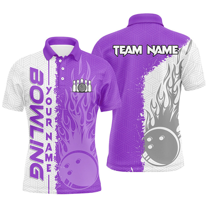 Mens Bowling polo shirts Custom white & purple flame Bowling ball and pins bowling Team league Jerseys NQS7329