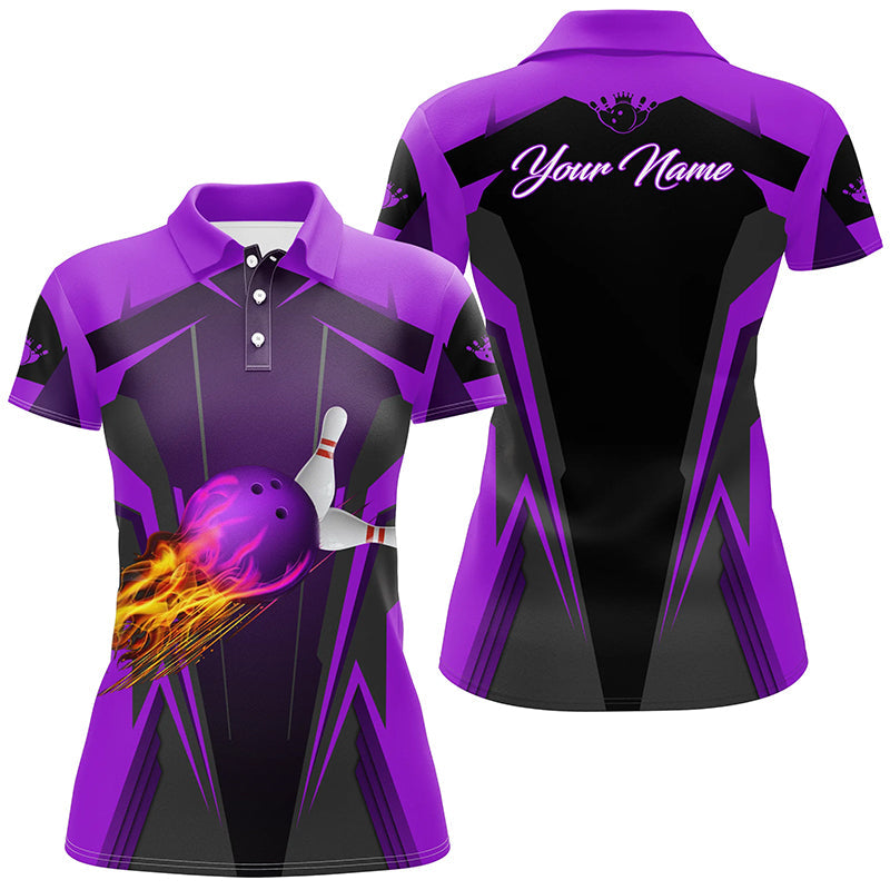 Personalized Women polo Shirt Flame Bowling Ball Pins, bowling jerseys for bowlers | Purple NQS6440
