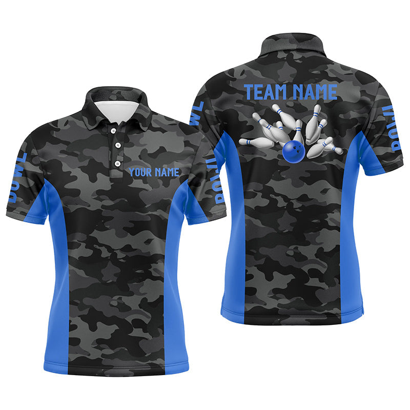 Mens Bowling polo shirts Custom gray camo Bowling Team Jersey, Bowling Team League Shirt | Blue NQS7095