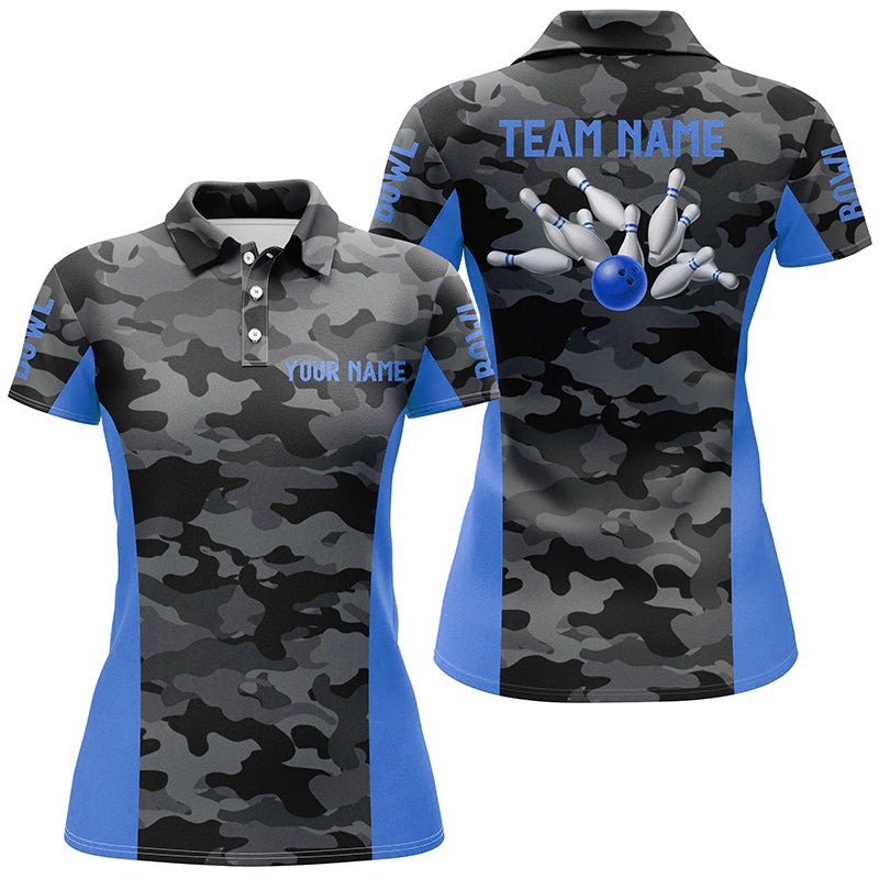 Women bowling polo shirts Custom gray camo Bowling Team Jersey, Bowling Team League Shirt | Blue NQS7095