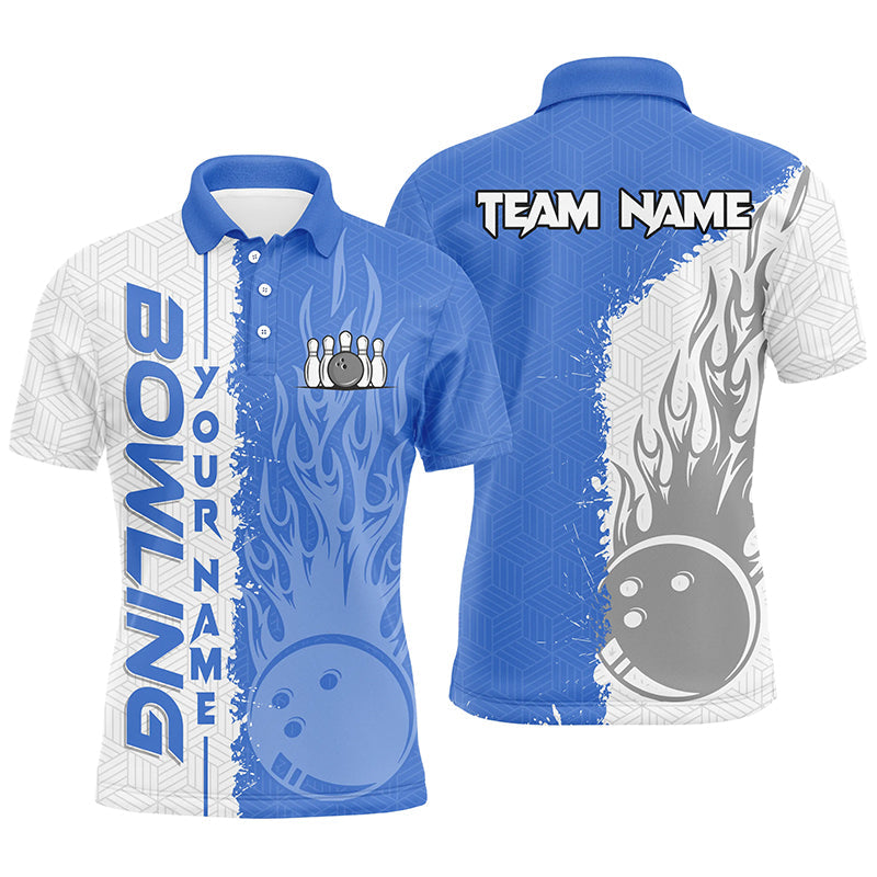 Mens Bowling polo shirts Custom white and blue flame Bowling ball and pins bowling Team league Jerseys NQS7103