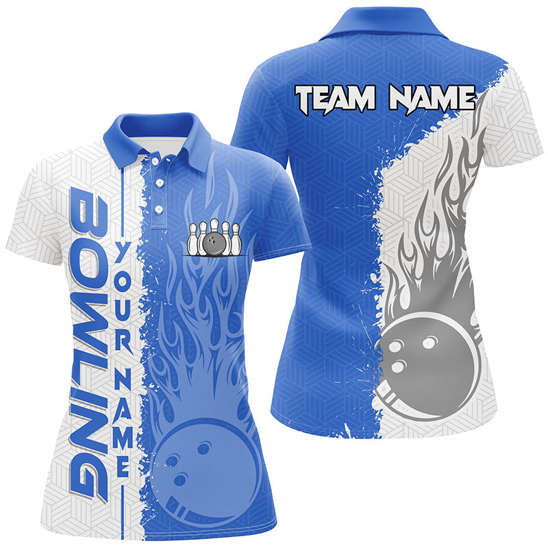 Women bowling polo shirts Custom white and blue flame Bowling ball and pins Team league Jerseys NQS7103