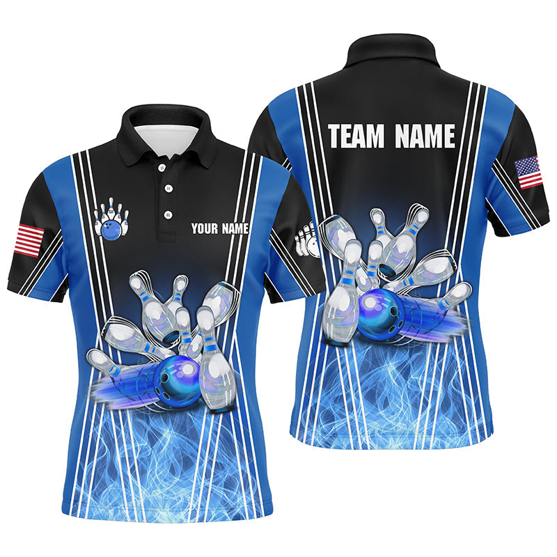 Blue flame bowling polo shirts for men Custom Team bowling jerseys for men, gift for bowlers NQS7237