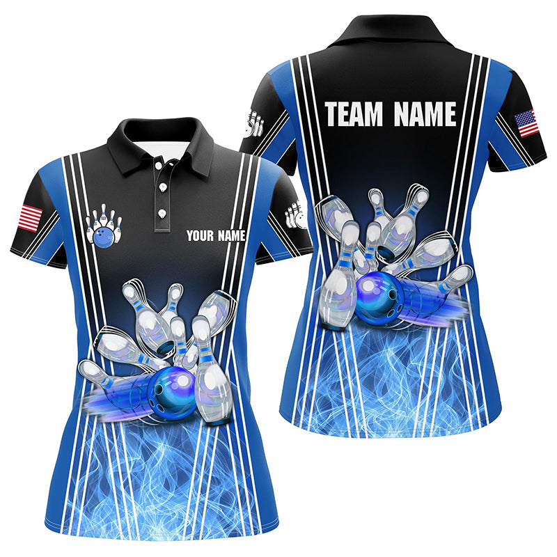Blue flame bowling polo shirts for women Custom Team girl bowling jerseys, gift for bowlers NQS7237