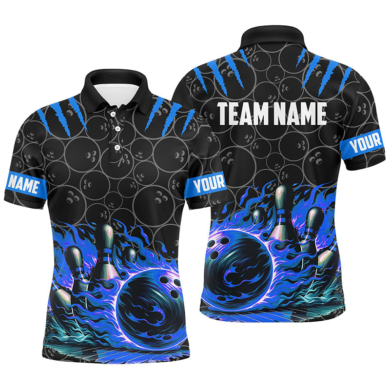 Mens Bowling polo shirts Custom black blue flame bowling shirt, Bowling Team Jerseys gift for bowlers NQS7127