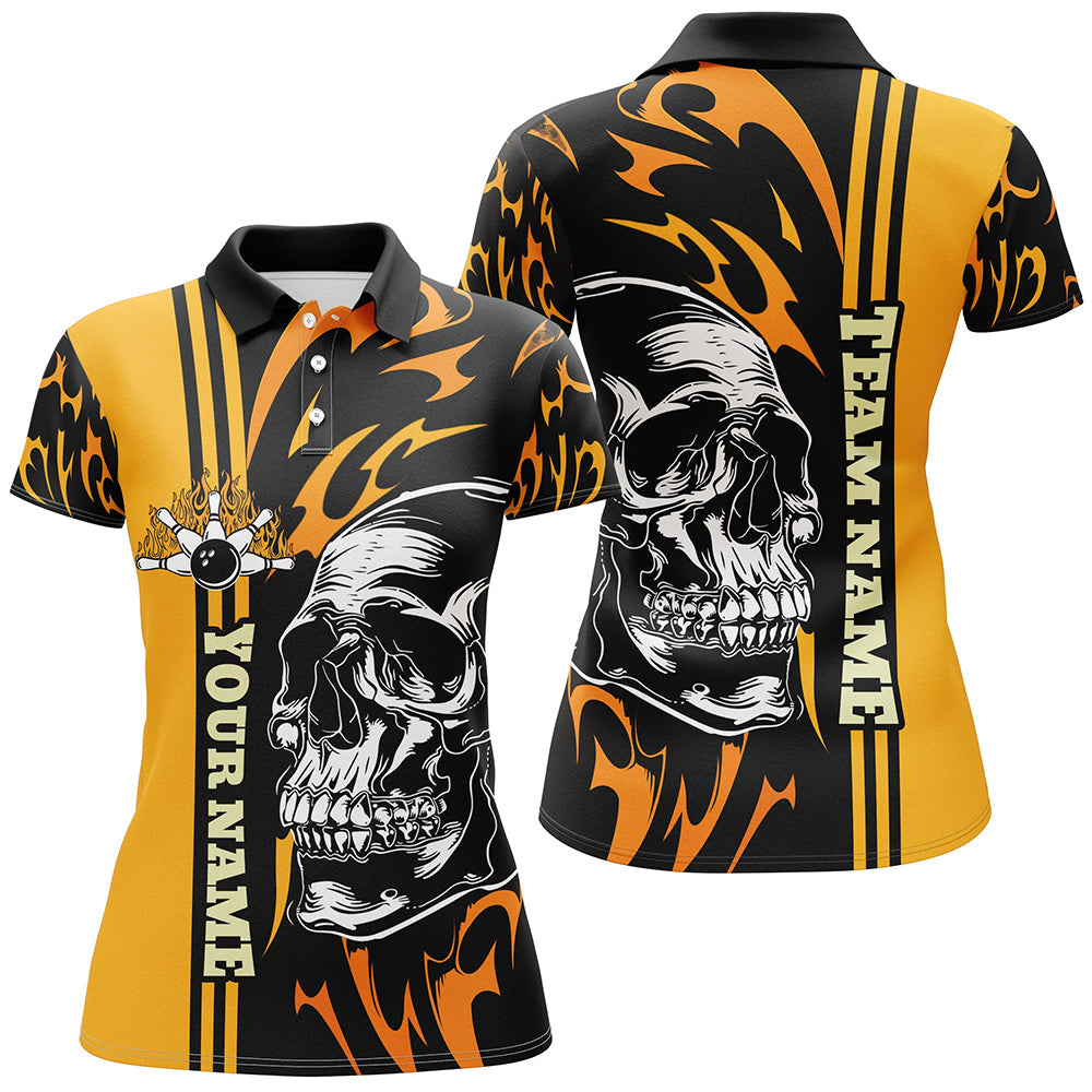 Women bowling polo shirt Custom black and yellow flame skull Bowling ball and pins Team league Jerseys NQS7275