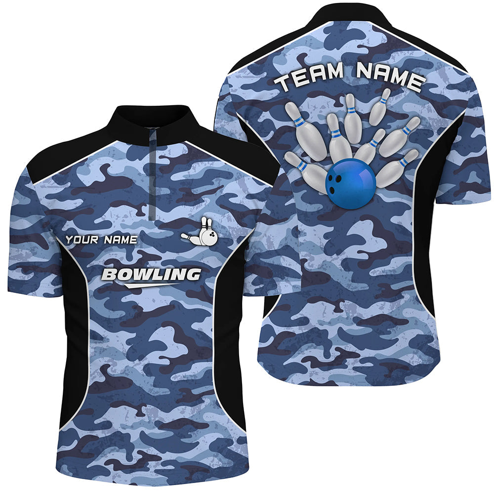 Men's bowling Quarter Zip shirts Custom bowling ball and pins blue camo Bowling Team Jersey for men NQS6361