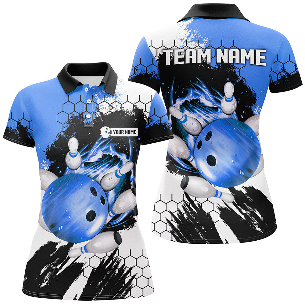 Blue Flame bowling ball and pins jerseys Custom Team League Bowling Polo Shirts For Women NQS7162