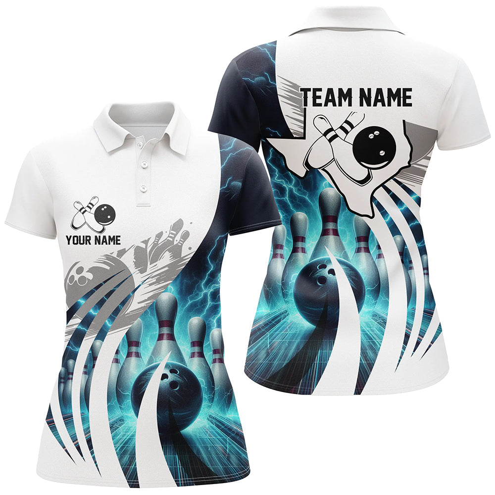 Blue lightning thunder Women Bowling Polo Shirts Custom Texas Team league Jerseys, gifts for bowlers NQS7074